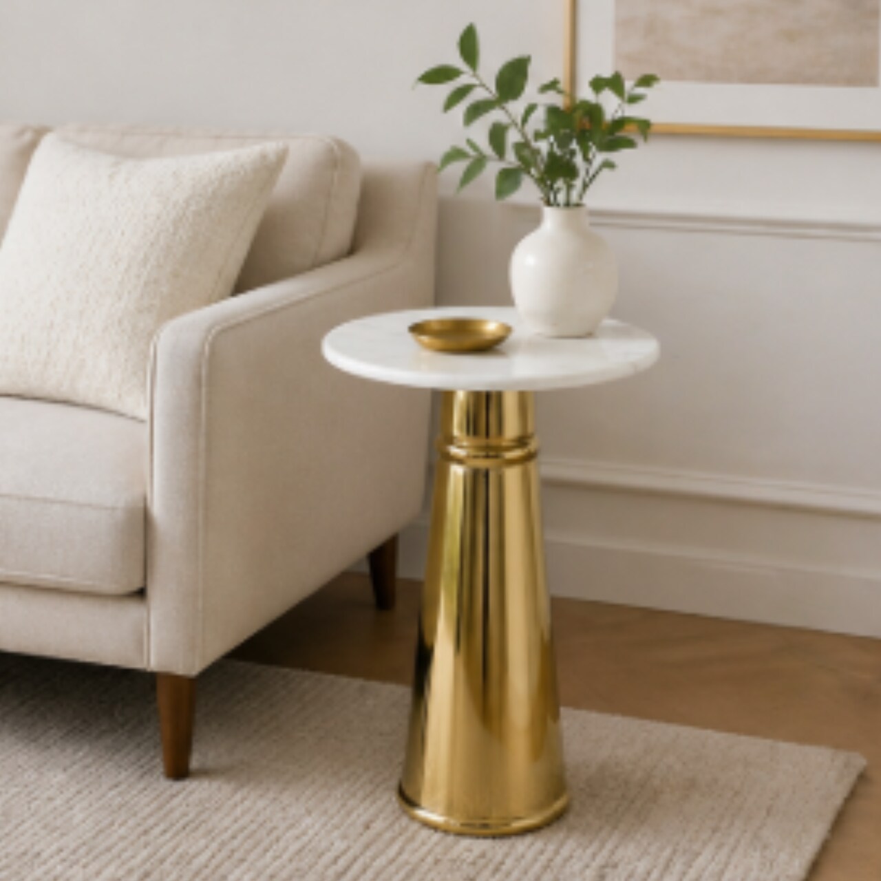 Gold Side Table with White Marble Top | Decorative Modern End Table | Pedestal Metal Base | Accent Table for Living Room | 14x14x24"